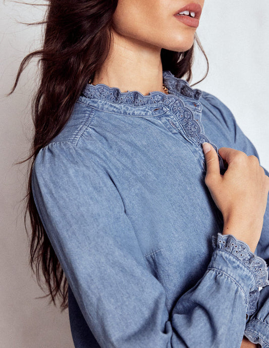 Helena Denim Ruffle Neck Top Light Authentic