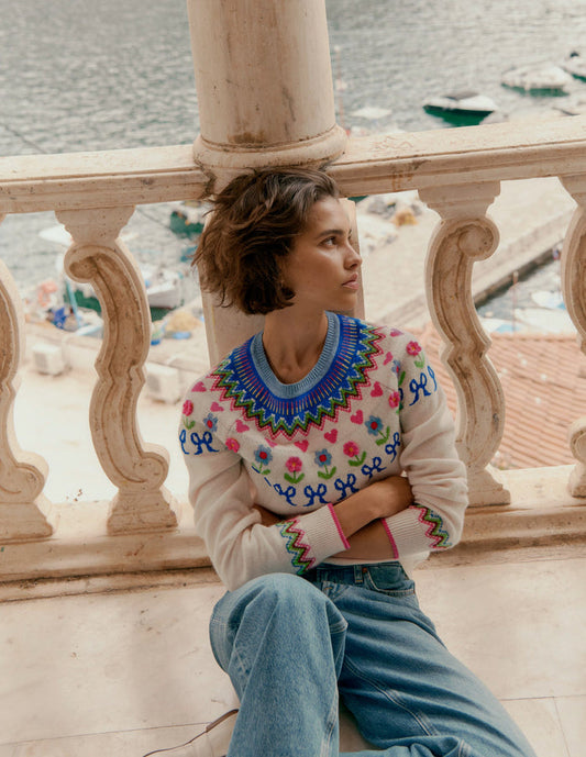 Edie Fair Isle Sweater Oatmeal Melange, Flowers