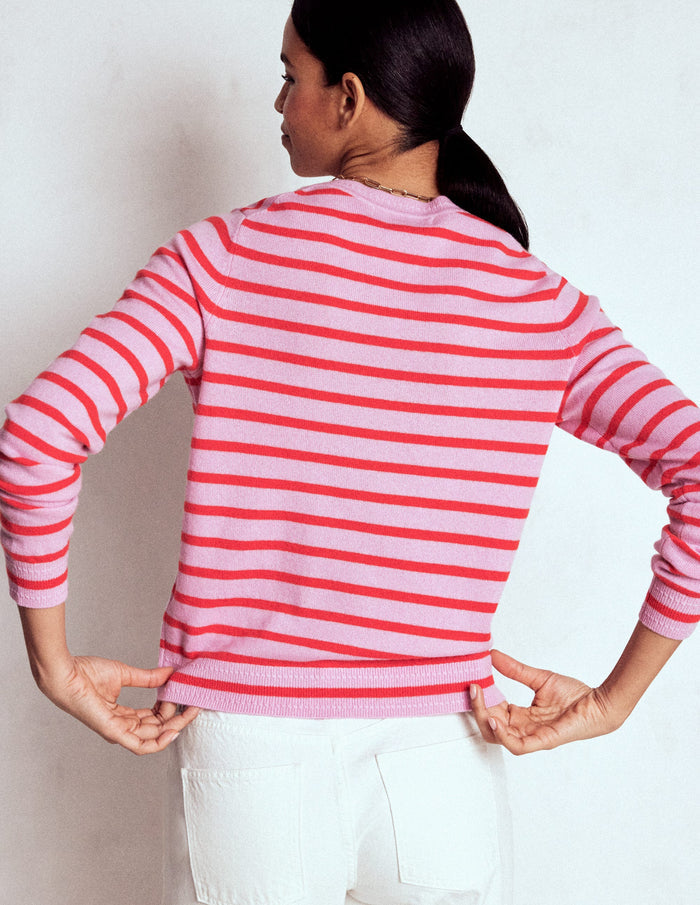 Eva Cashmere Crew Neck Sweater Pink/ Orange Stripe