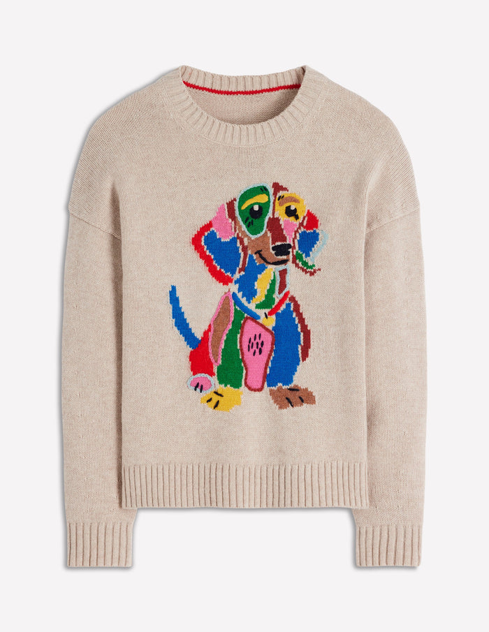 Natalie Embroidered Sweater Oatmeal Melange, Daschund
