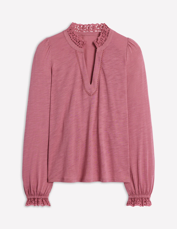 Aria Broderie Notch Neck Top Pink Heather