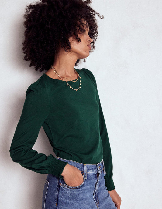 Smocked Cuff Supersoft Top Green Pine