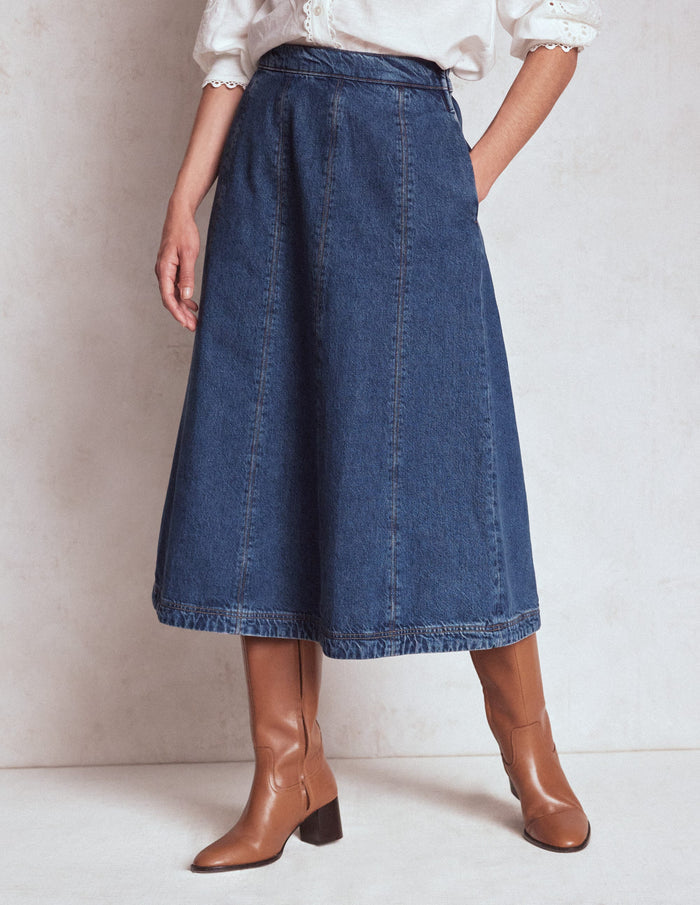 Joy Panelled Denim Skirt Mid Wash