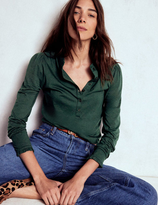 Supersoft Frill Henley Top Green Pine