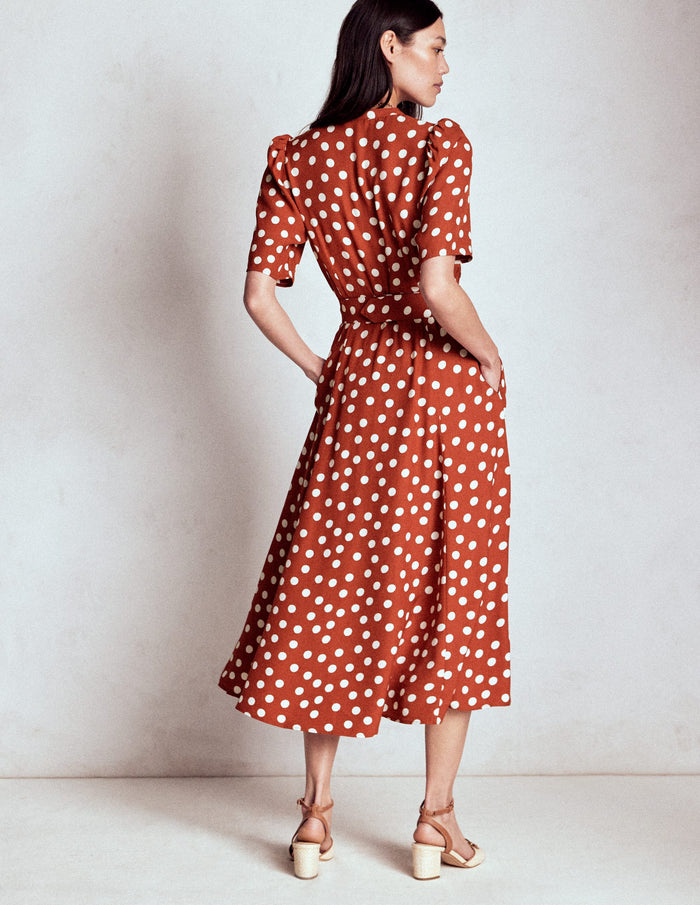 Kate Puff Sleeve Belted Dress Roasted Chestnut, Painted Dot