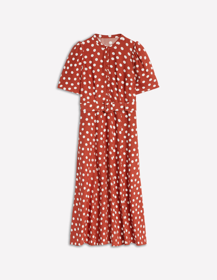 Kate Puff Sleeve Belted Dress Roasted Chestnut, Painted Dot
