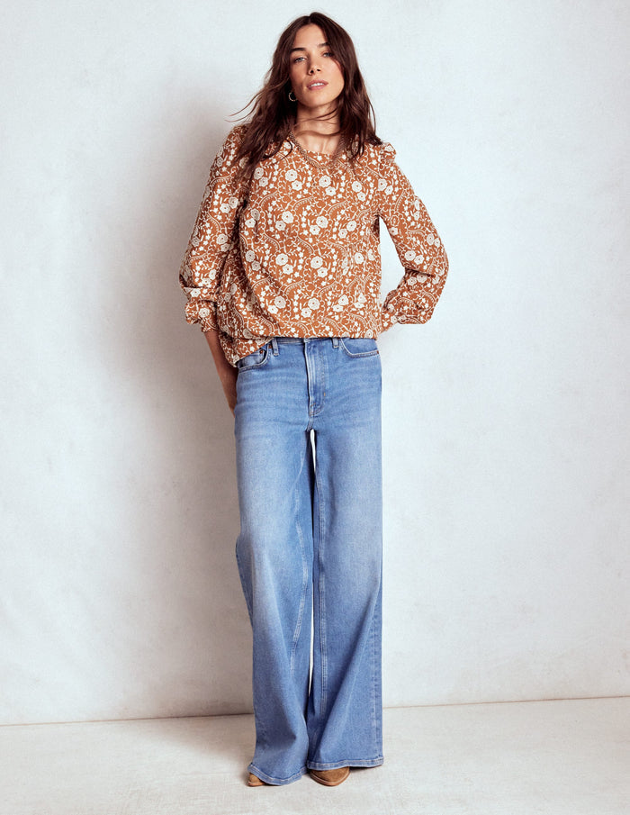 Embroidered Cotton Dobby Top Brown