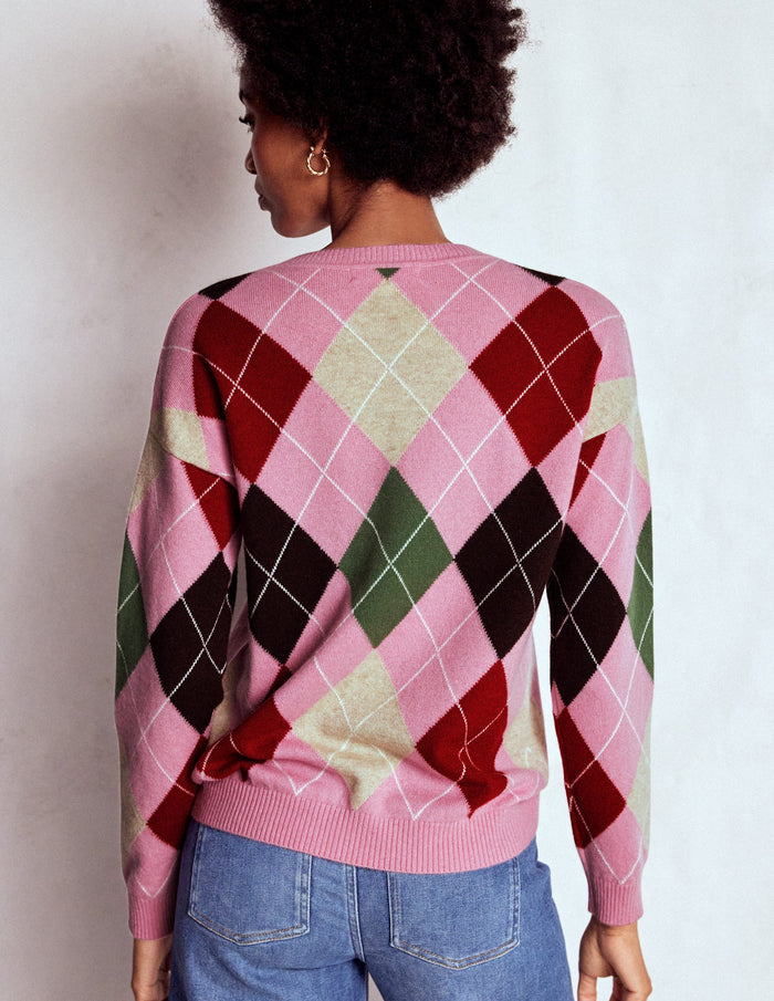 Lydia Cashmere Jumper Pink, Brown and Green Argyle