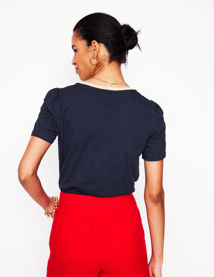 Metallic Trim V Neck T-shirt Navy