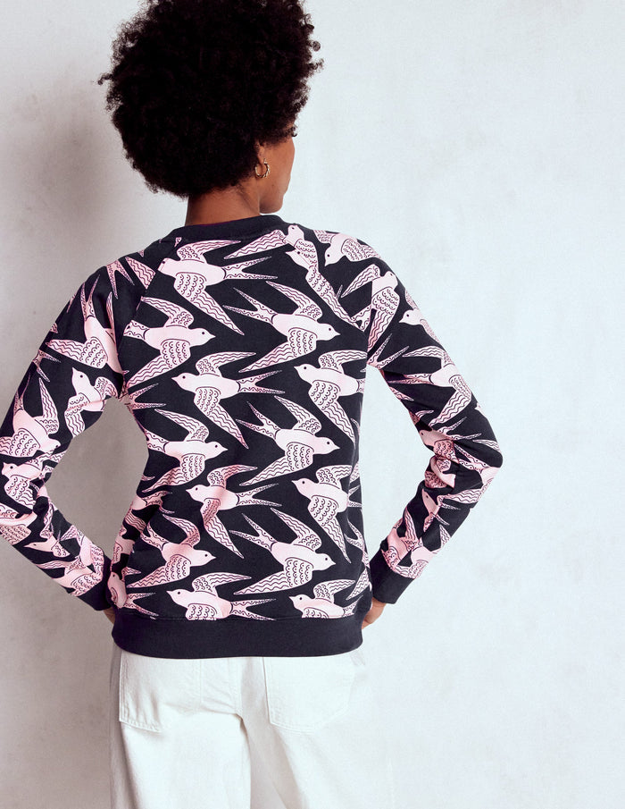 Rosa Printed Sweatshirt Navy, Pink Swooping Swallow