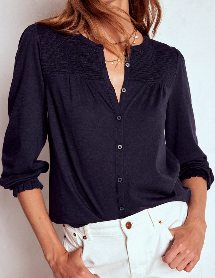 Elsa Smocked Yoke Jersey Shirt Navy