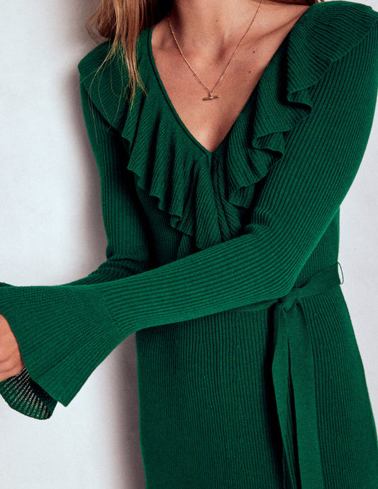 Ruffled Ribbed Dress Emerald Night