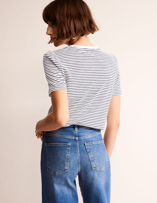 Cotton Puff Sleeve T-Shirt Ivory, Navy Stripe