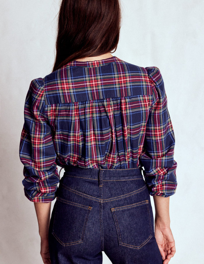 Layla Brushed Cotton Top Navy and Red Check