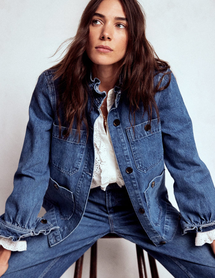 Denim Frill Collar Jacket Mid Wash