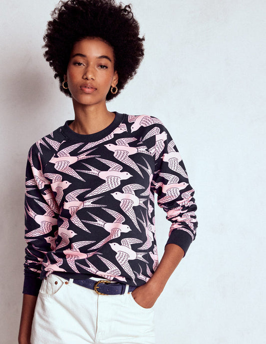 Rosa Printed Sweatshirt Navy, Pink Swooping Swallow