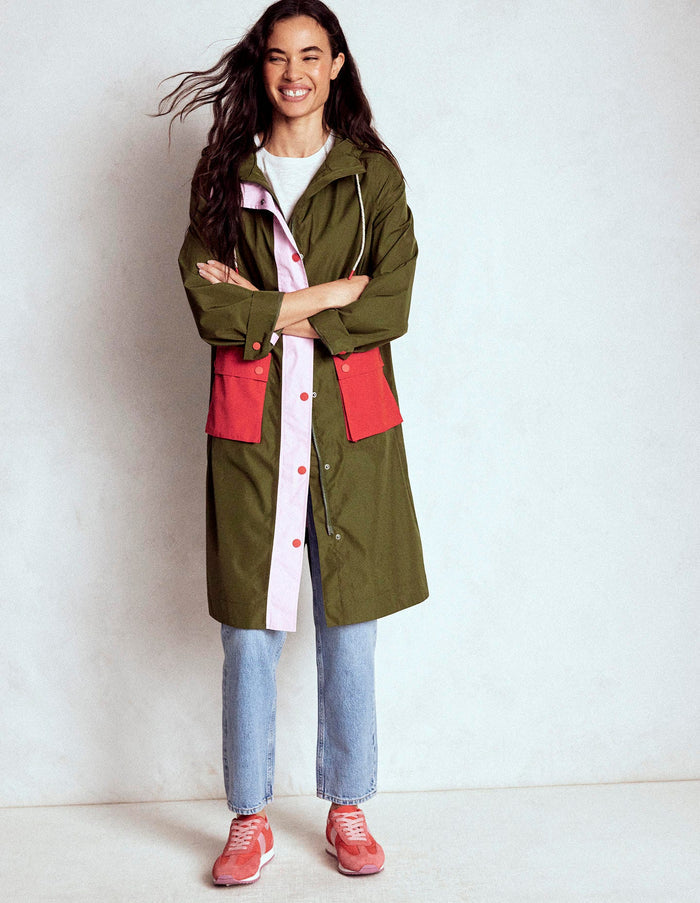 Longline Rain Mac Khaki Colourblock