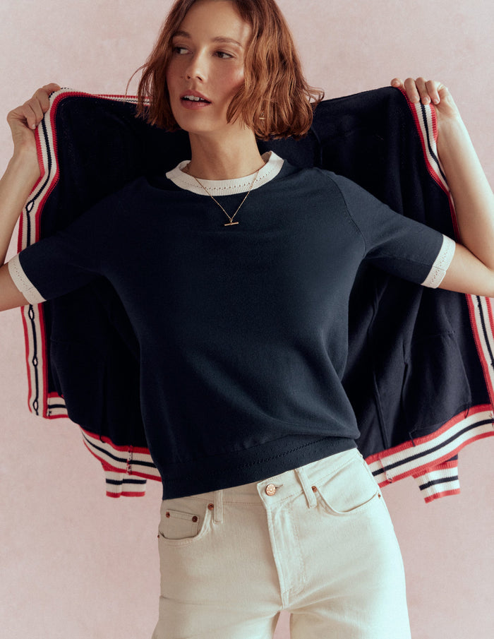 Emilia Cotton Crew T-shirt Navy, Warm Ivory