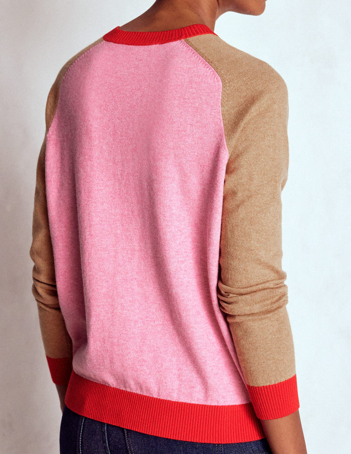 Meg Raglan Sleeve Cardigan Camel, Pink Colour Block