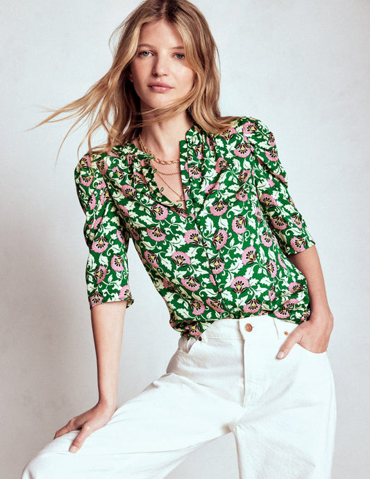Mutton Sleeve Smart Top Rich Emerald, Ornate Vine