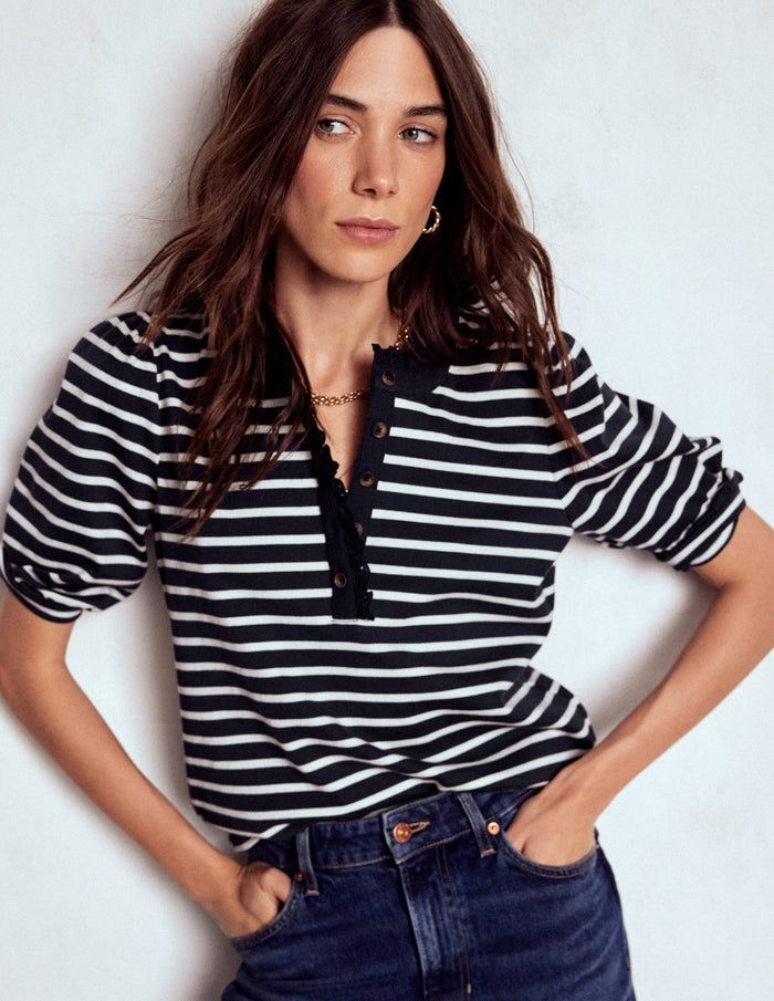 Puff Sleeve Henley Navy, Ivory Stripe