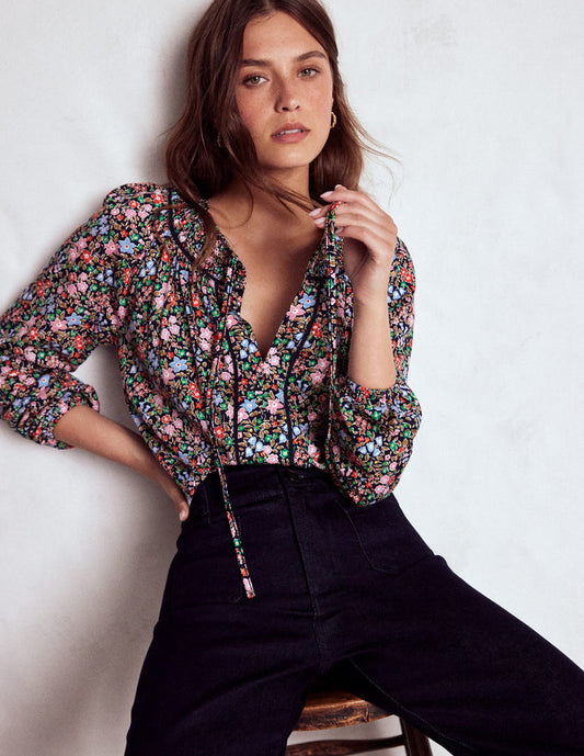 Georgia Smocked Jersey Top Navy and Multi, Flowerbed