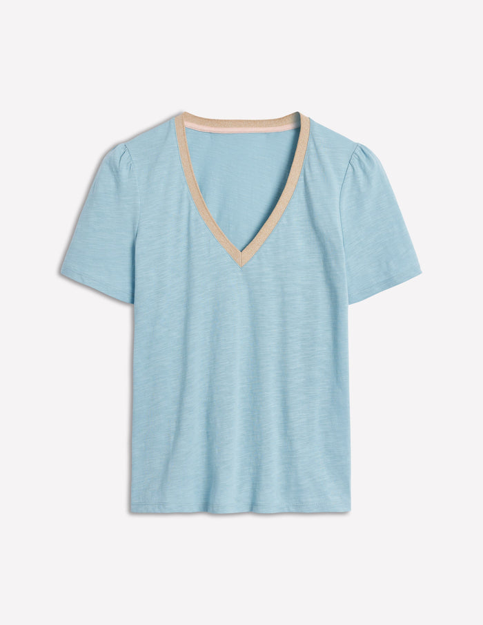 Metallic Trim V Neck T-shirt Soft Blue