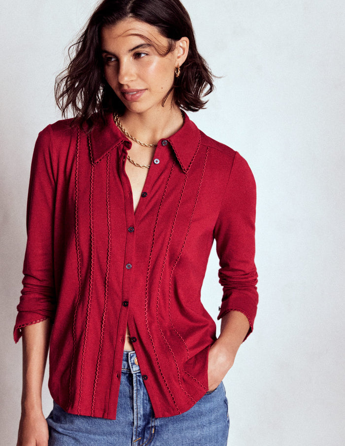Picot Trim Jersey Shirt Crimson Red