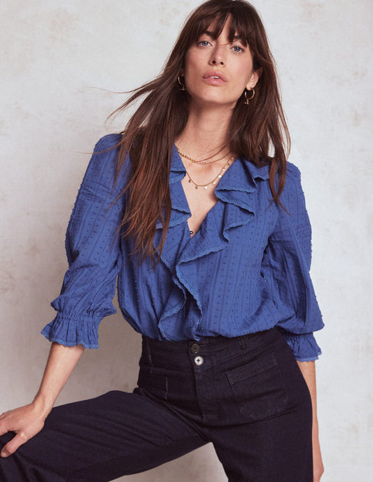 Ruffle V-Neck Blouse Denim Blue