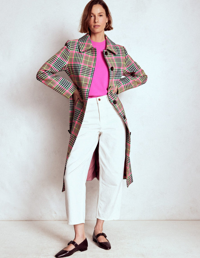 Lancaster Belted Mac Brown, Neon Pink Check