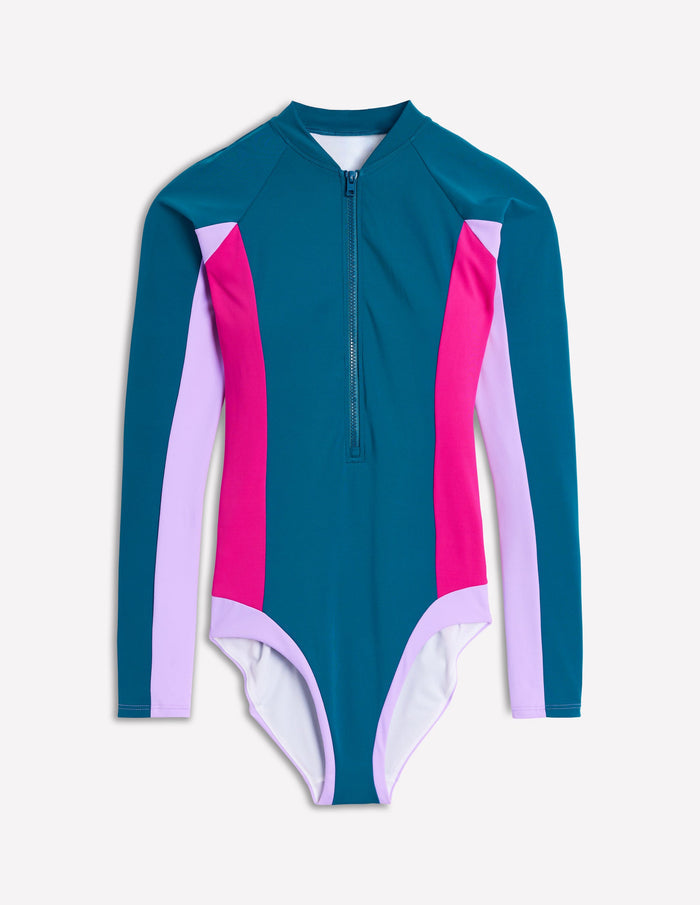 Sporty Raglan Sleeve Swimsuit Oceanside Blue