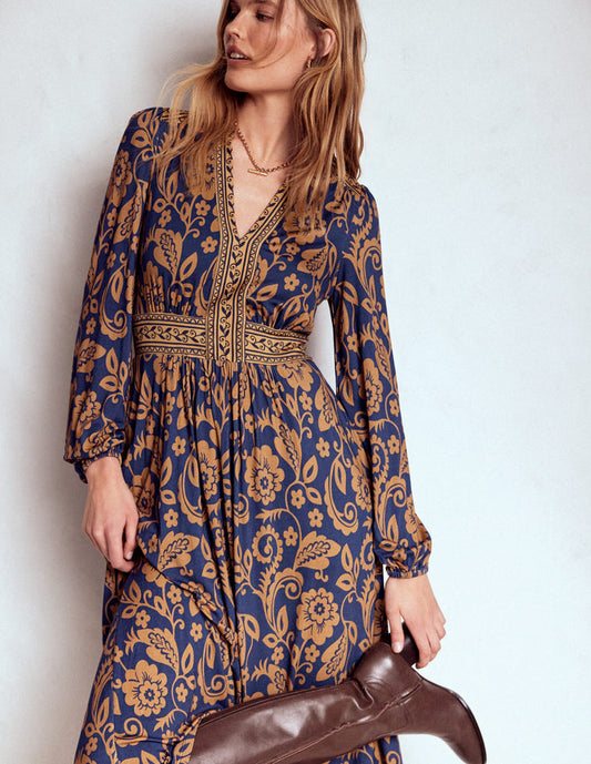 Lily Long Sleeve Midi Dress French Navy, Ornate Flora