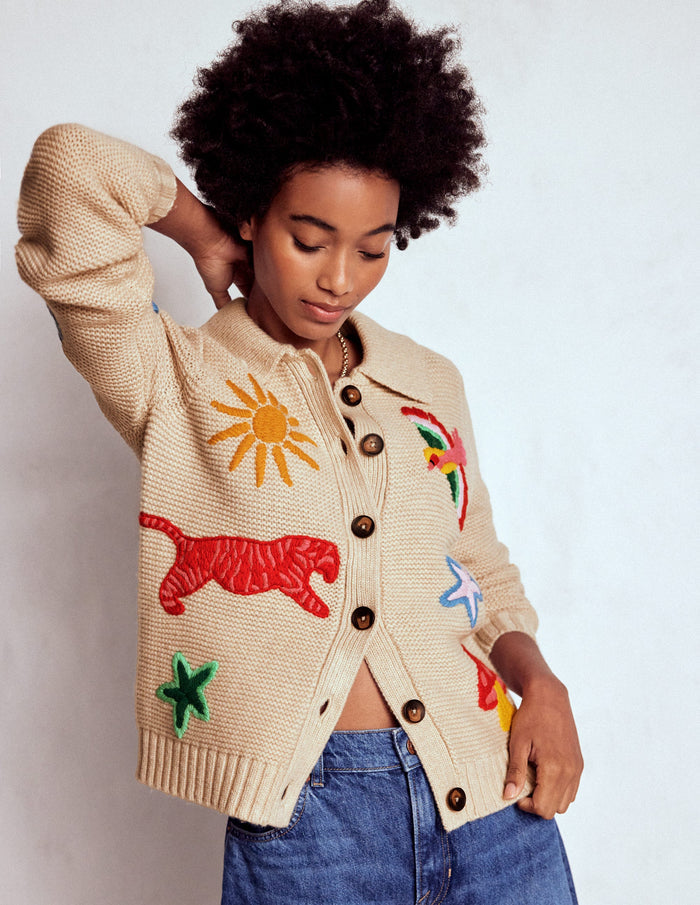 Embroidered Collared Cardigan Ecru Marl