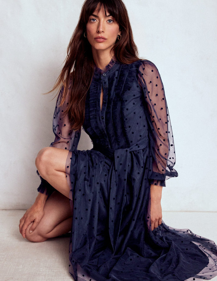 Tulle Ruffle Maxi Dress Navy