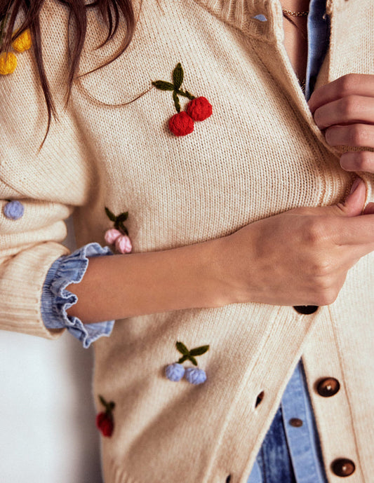 Natalie Embroidered Cardigan Oatmeal Melange, Cherry