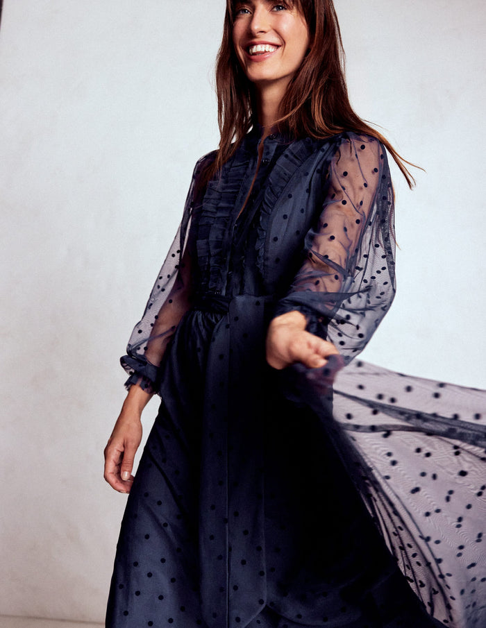Tulle Ruffle Maxi Dress Navy