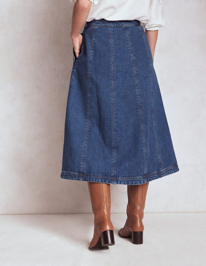 Joy Panelled Denim Skirt Mid Wash