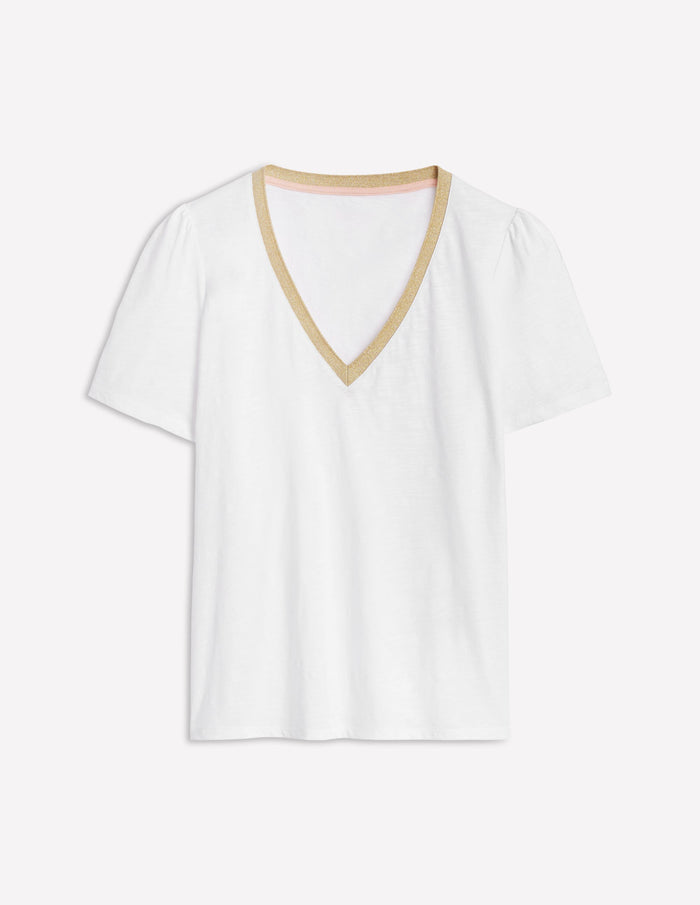 Metallic Trim V Neck T-shirt White
