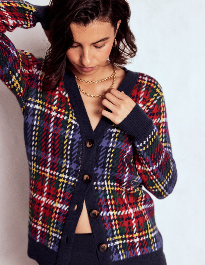 Quinn Boyfriend Cardigan Navy, Green and Red Check