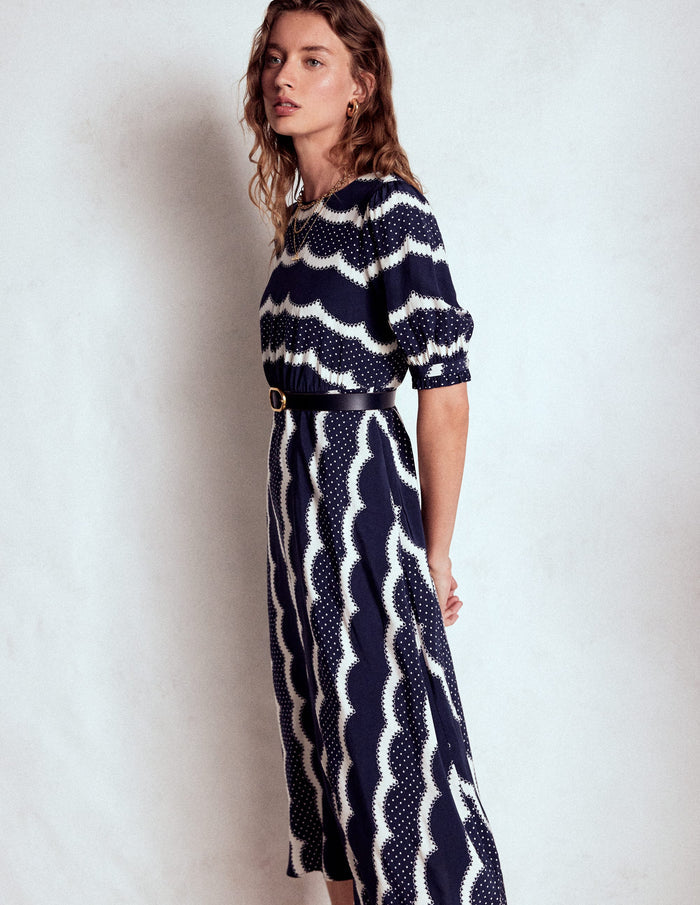 Blanca Midi Tea Dress French Navy, Dainty Scallop