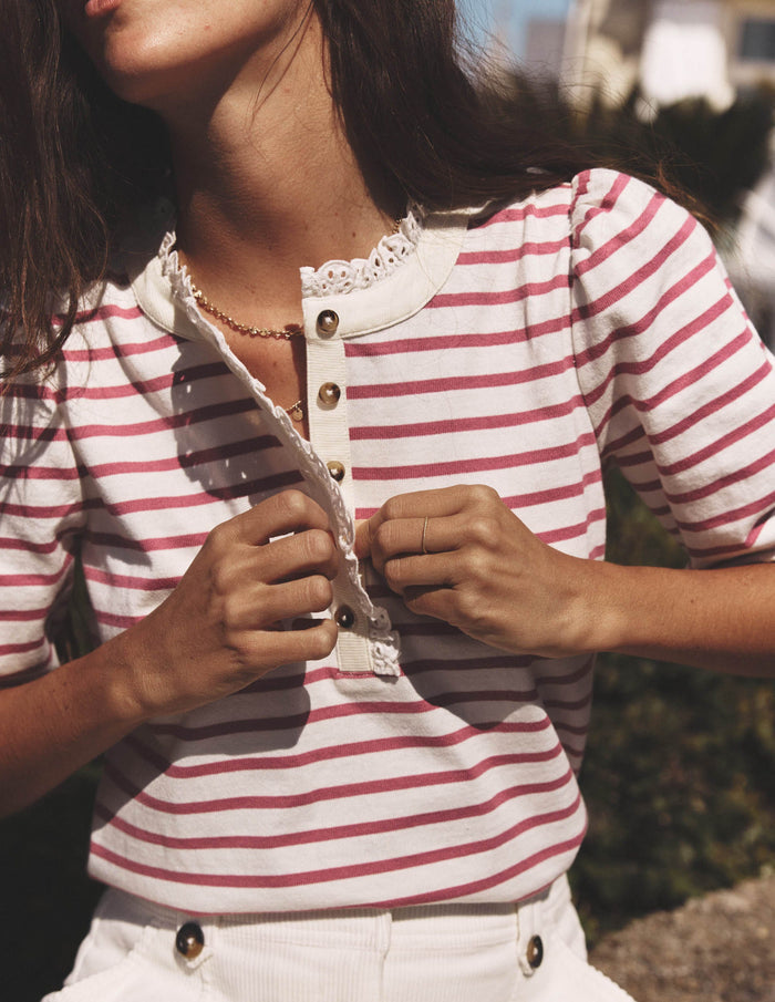 Puff Sleeve Henley Pink Heather, Ivory Stripe