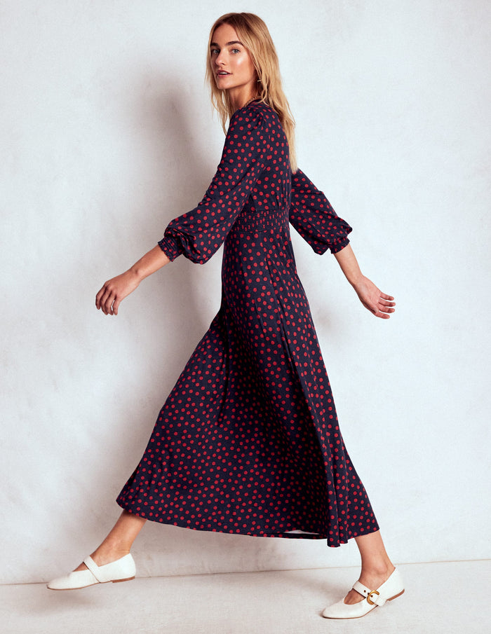 Ivy Smocked Midi Dress French Navy, Painted Dot