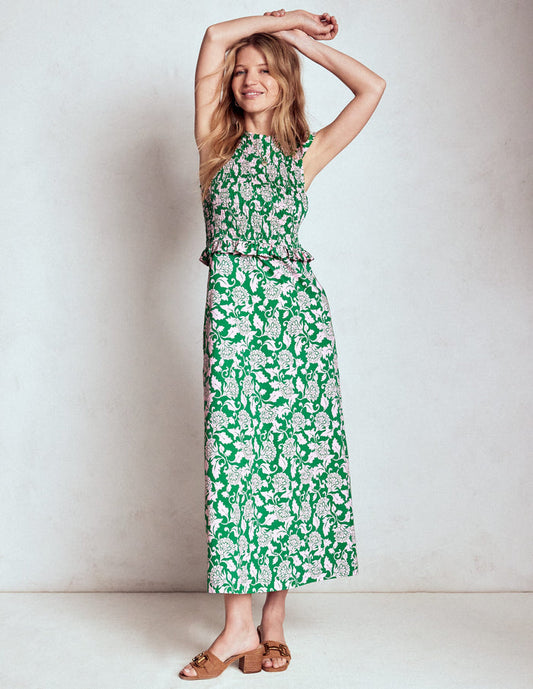 Carolina Smocked Midi Dress Rich Emerald, Ornate Vine