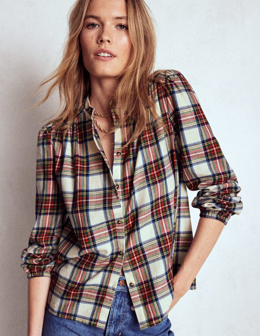 Layla Brushed Cotton Top Ivory, Blue and Red Check