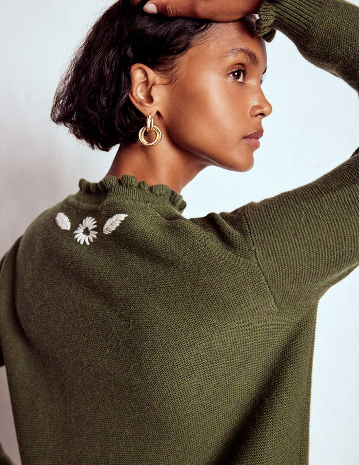 Embroidered Frill Sweater Woodland Green Melange