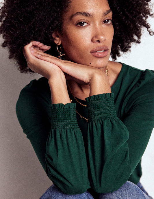 Smocked Cuff Supersoft Top Green Pine