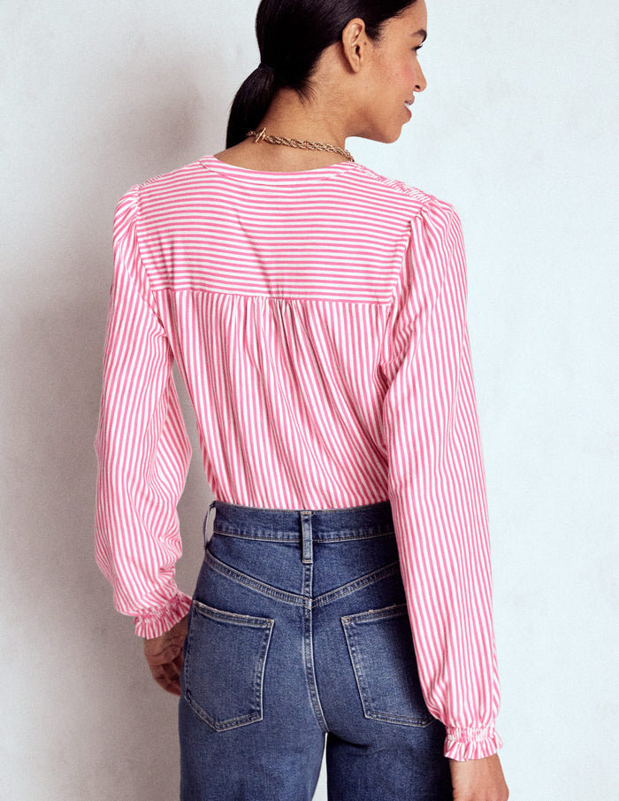 Elsa Smocked Yoke Jersey Shirt Pink Ribbon Stripe