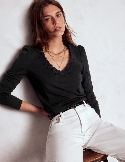 Flora Lace V-neck Top Black