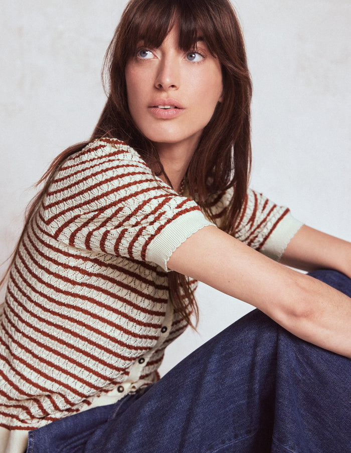 Dot Pointelle Cardigan Warm Ivory/ Red