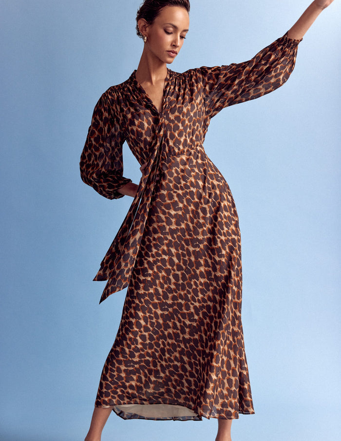 Brooke Tie Neck Tea Dress Sand, Abstract Leopard Spot
